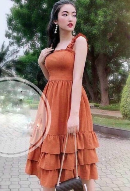 [HCM]Đầm tay bèo xếp ly ba tầng dễ thương hai màu ( màu hồng và màu cam đất )