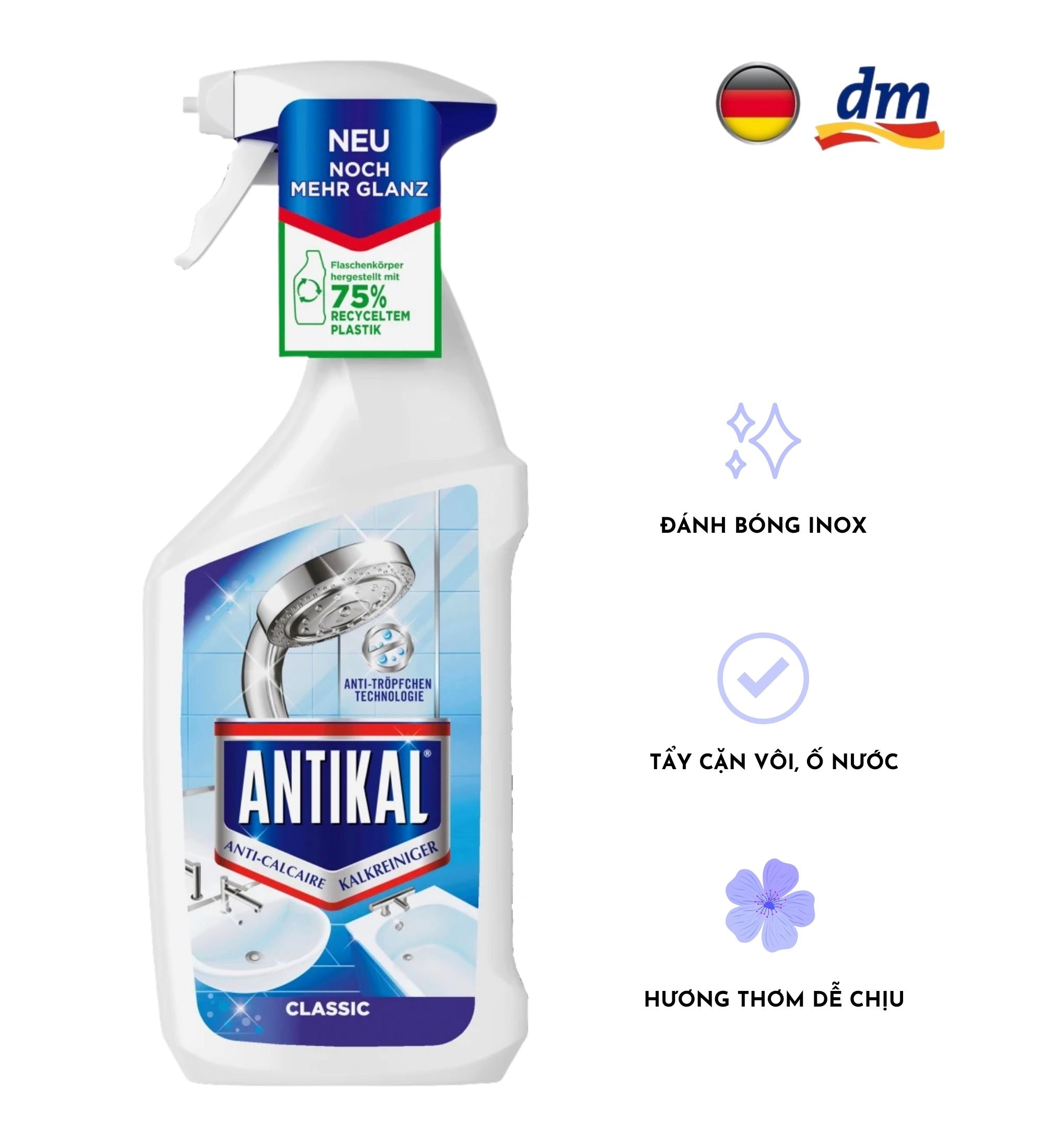 Chai xịt dung dịch tẩy cặn bám inox trong nhà tắm Antikal 750ml - hàng nhập khẩu Đức