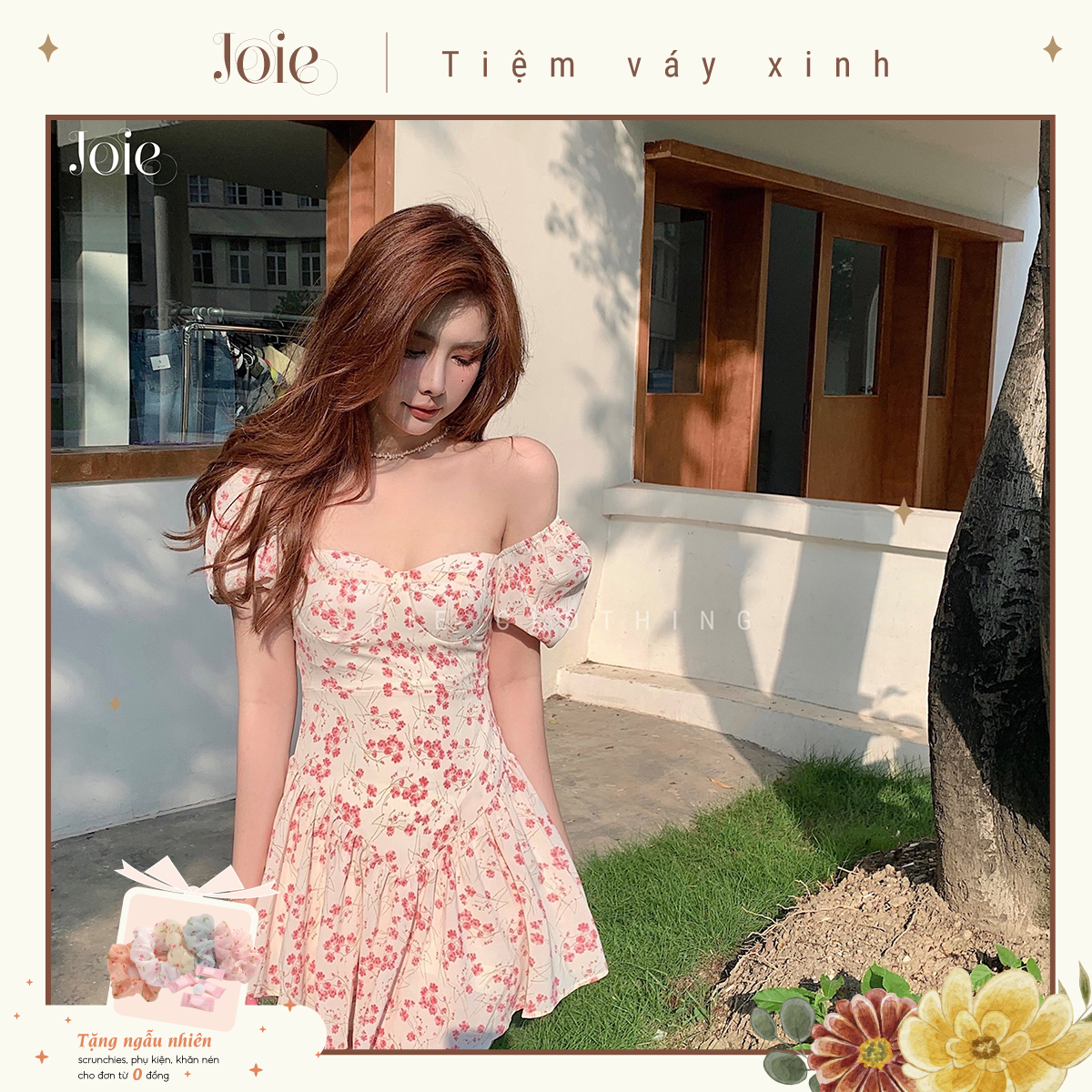 Đầm váy hoa nhí dáng xòe tay phồng cổ vuông phong cách hàn quốc - joie