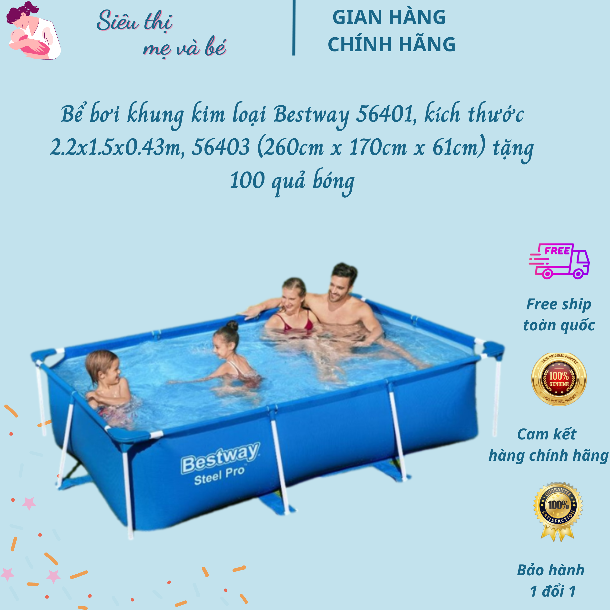 Bể bơi khung kim loại Bestway 56401, kích thước 2.2x1.5x0.43m