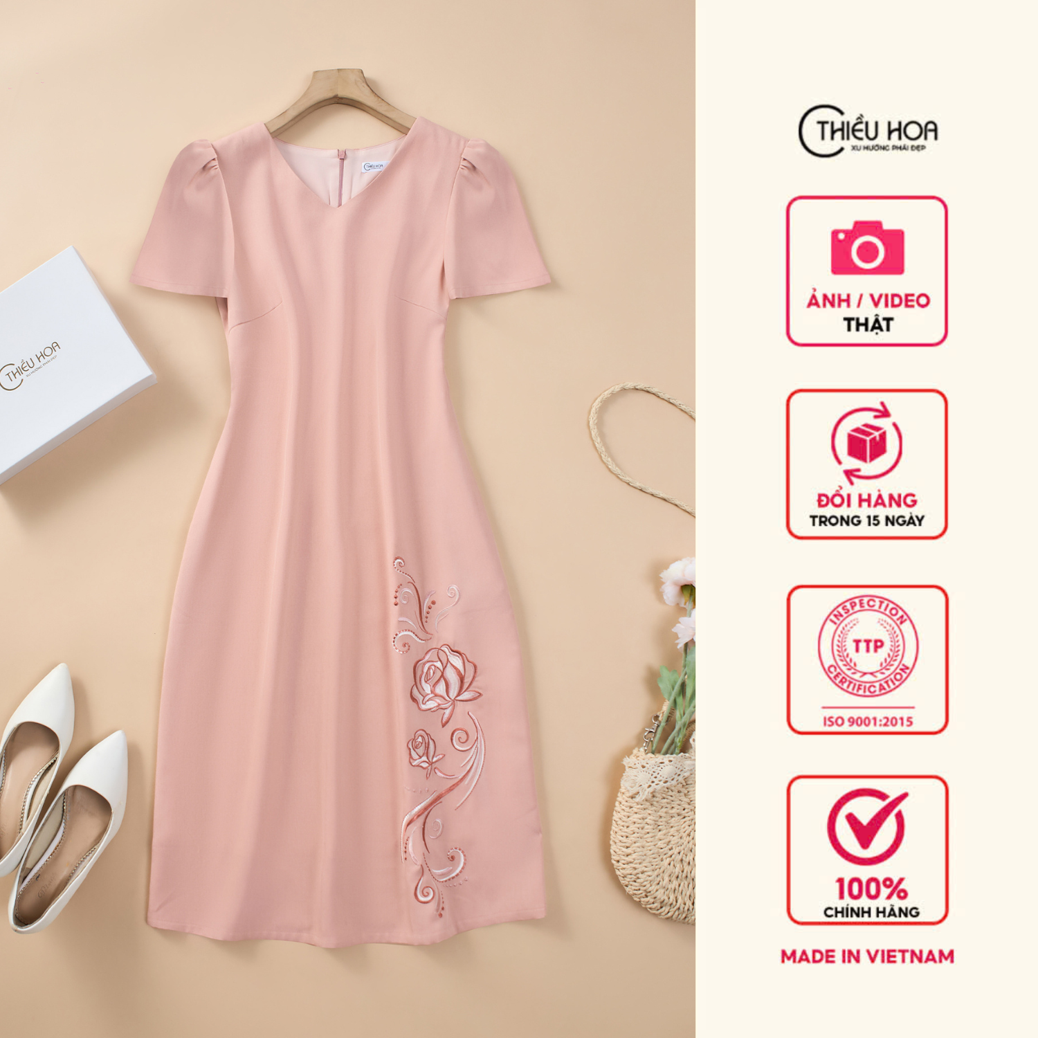 Đầm thiết kế nữ tính mềm mại chất liệu vải Bố Xược hàn có độ rũ nhẹ mịn và mềm mại DD4Y1125 Thương hiệu Thiều Hoa