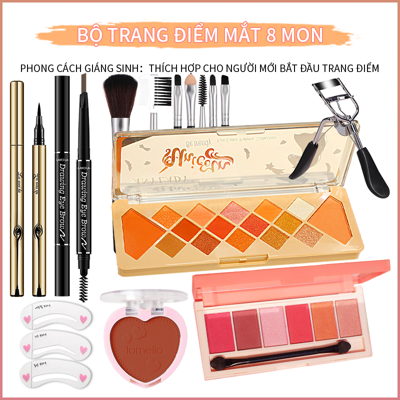 [HCM] Bộ trang điểm mắt tự nhiên cho người mới bắt đầu (Cọ trang điểm + bóng mắt hồng + bóng mắt nâu + kẻ mắt + chì kẻ mày + phấn má hồng + dụng cụ uốn mi +thẻ lông mày)