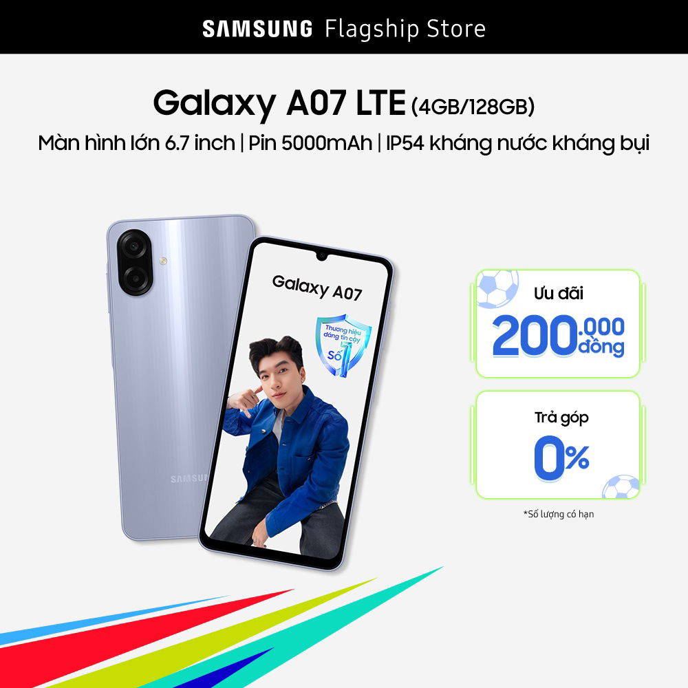 Điện Thoại Samsung Galaxy A07 (4/128GB), Màn Hình Lớn 6.7'', Pin 5000mAh, IP54 Kháng Nước Kháng Bụi