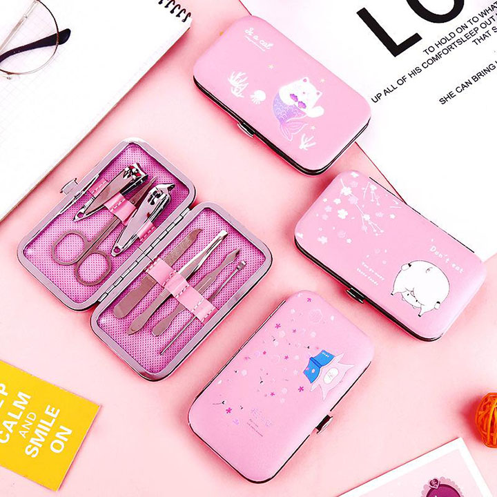Bộ Dụng Cụ Cắt Móng Tay, Móng Chân 7 Món Mini Tiện Dụng, Bộ bấm móng 7 món kèm hộp đựng màu hồng siêu dễ thương