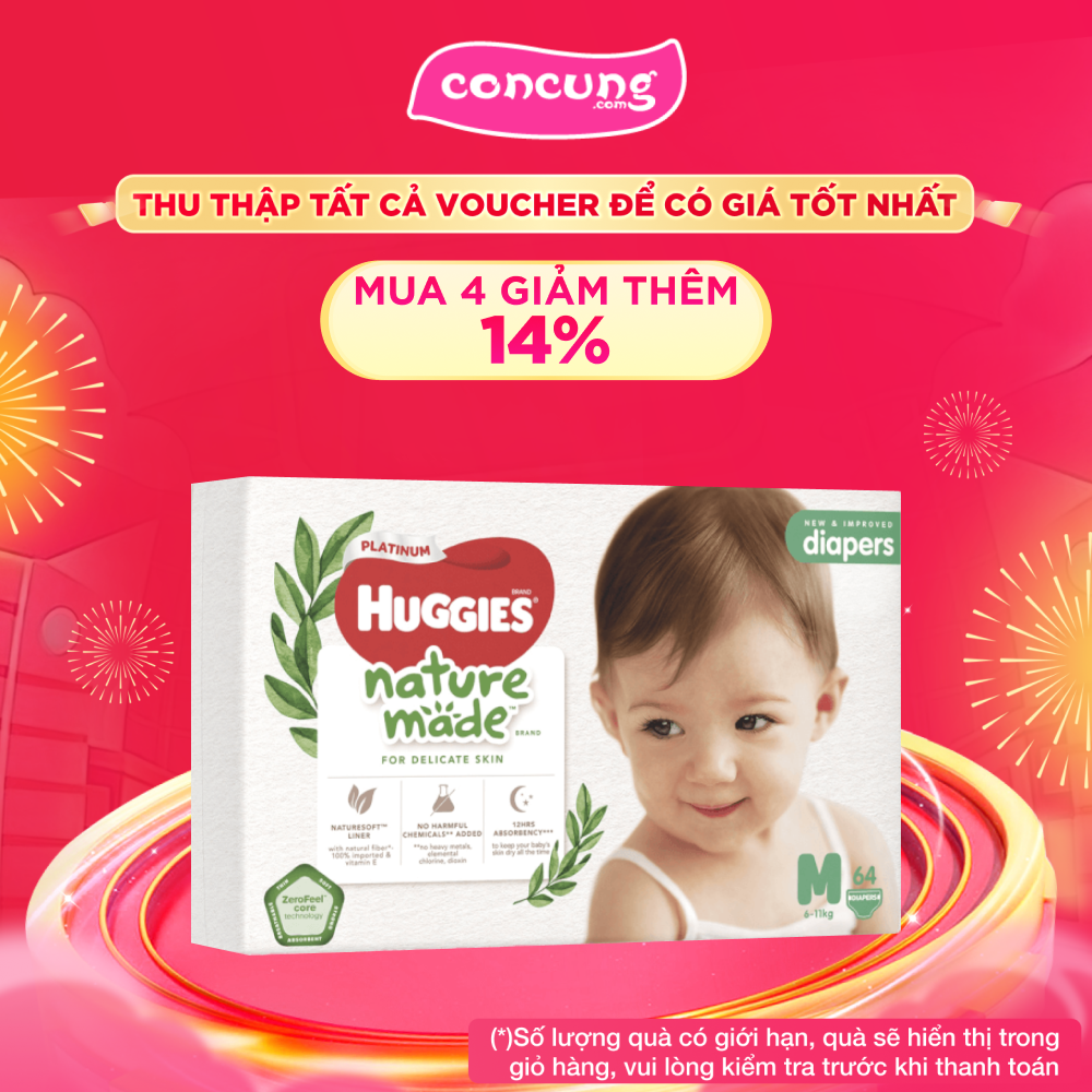 Bỉm tã dán Huggies Platinum Nature Made size M 64 miếng (6-11kg)