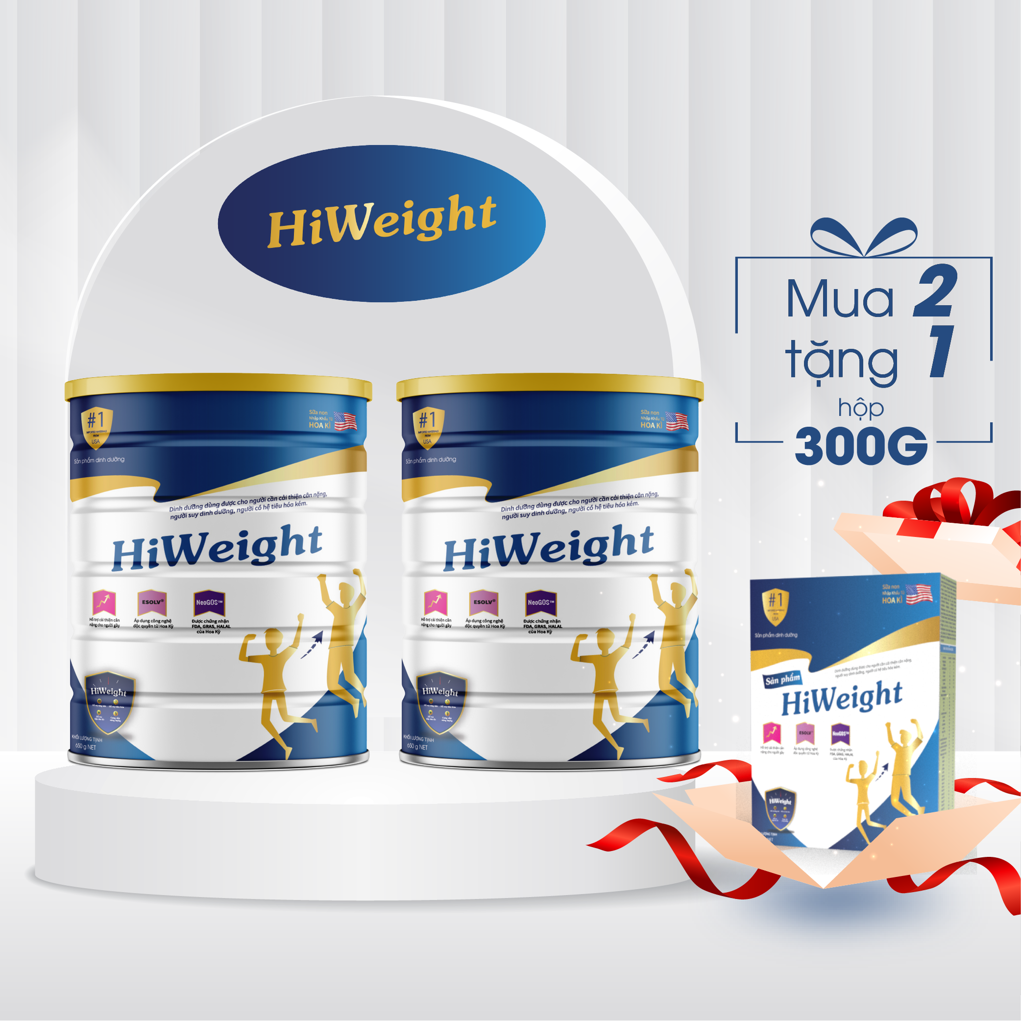 Combo 2 hộp sữa non tăng cân hoa kỳ hiweight 650g - mua 2 tặng 1 hộp giấy 300g