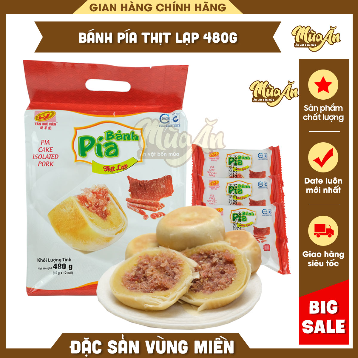 Bánh pía thịt lạp 480g Tân Huê Viên 12 bánh mini,Bánh pía nhân thịt mặn không trứng, Đặc sản Sóc Trăng, Bánh pía thịt không trứng muối
