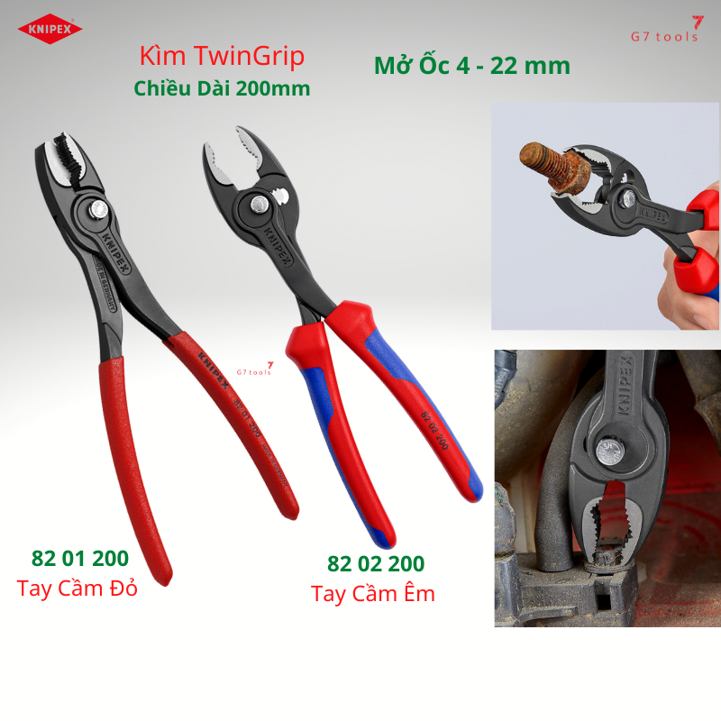 Kìm knipex twingrip 82 01 200/ 82 02 200 mở ốc gỉ sét từ 4-22mm tay cầm nhựa đỏ - sản xuất tại đức