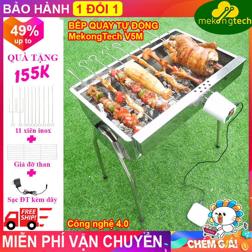 Bếp nướng than hoa Tự Xoay V5M, lò quay vịt, lò nướng, lò nướng than: Siêu đa năng, thơm ngon, chín đều, an toàn sức khỏe, inox bền đẹp [Bếp nướng than hoa không khói, bếp nướng không khói, bếp nướng ngoài trời, MekongBBQ] - MekongTech