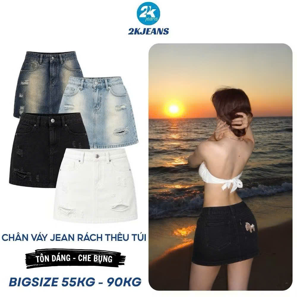 Bigsize Women's Jean Skirt Qc2126 Slightly Ripped with Horse Embroidery High Waist Back Pocket 4 Colors 55-90kg 2Kjeans
