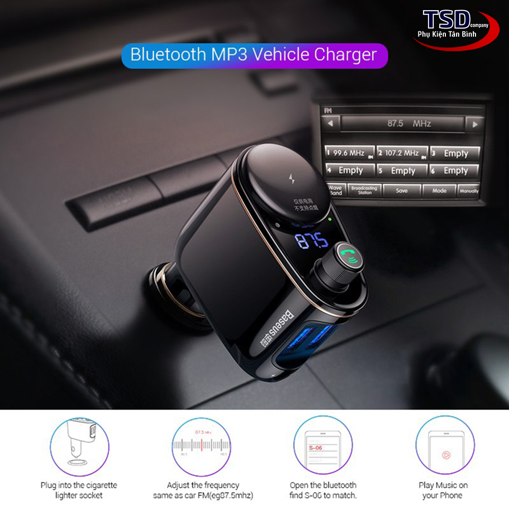 Tẩu Sạc Ô Tô Đa Năng Baseus S06 Chính Hãng Tích Hợp FM Bluetooth MP3