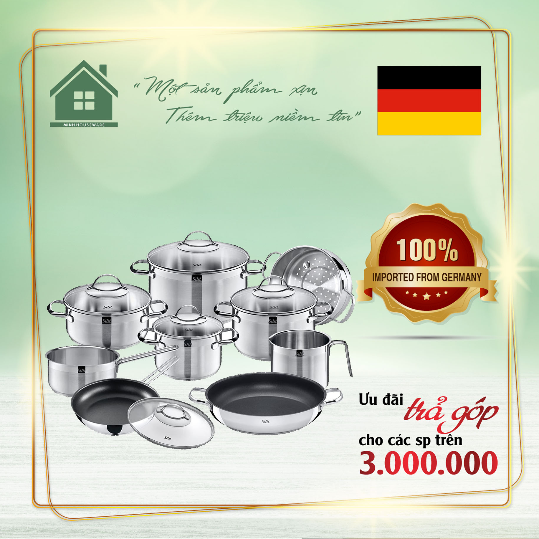 Bộ nồi silit achat 10 món nhập khẩu đức - minh housewares dùng trên các loại bếp như bếp từ, ga, hồng ngoại. đáy 3 lớp bắt từ và giữ nhiệt cực tốt cực kỳ bền