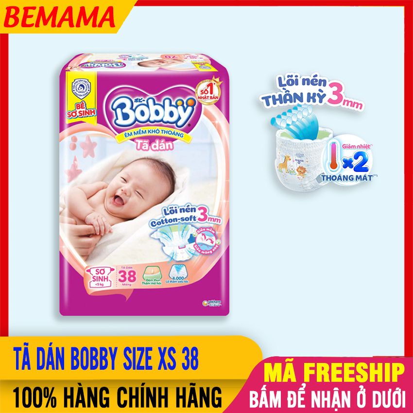 Tã dán bobby size xs 38 cho bé <5kg lõi nén cotton soft 3mm, siêu thấm, thoáng mát, mềm mại cho bé - tã dán sơ sinh, bỉm dán bobby, miếng dán bobby, tả dán, ta / bim dan, tã cho trẻ sơ sinh, tả bobby bemama - 8934755030826