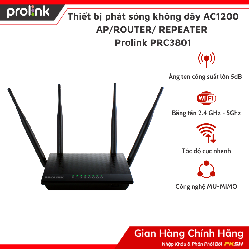 Bộ phát sóng xuyên tường wifi băng tần kép 2.4ghz - 5ghz ac1200 ap/router/ repeater prolink prc3801 - hàng chính hãng