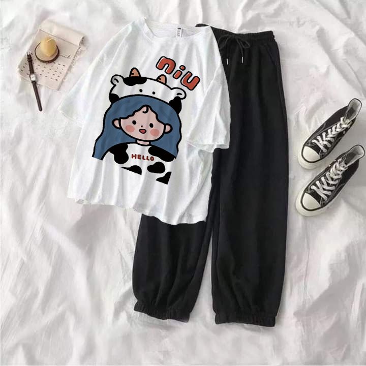 Sét bộ 2 món áo thun cô gái niu kèm quần bom 2 màu chất cotton 90