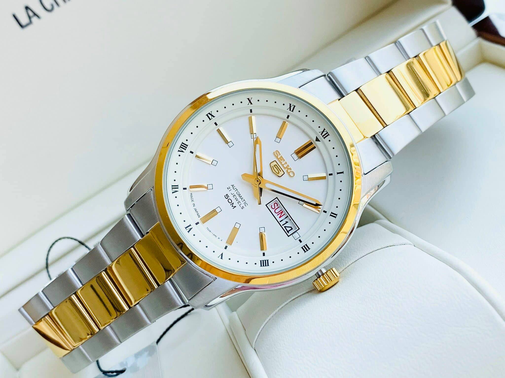 Đồng hồ Nam Seiko 5 cơ tự động, lịch thứ-ngày, kính cứng chống va đập, dây thép không gỉ, size 42mm SNKP14K1