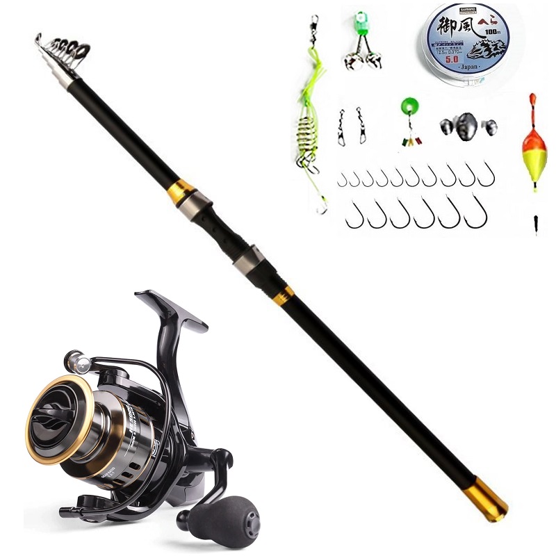 Bộ cần câu cá - Cần carbon cao cấp - Kèm máy Kim loại HE Chính hãng - Tặng kèm nhiều phụ kiện