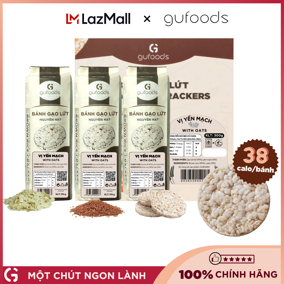 Bánh gạo lứt GUfoods vị Yến mạch - Không chiên dầu, Không đường, Lành mạnh, Phù hợp Eat clean, Ăn vặt healthy, Thực dưỡng, Tập gym, Thuần chay