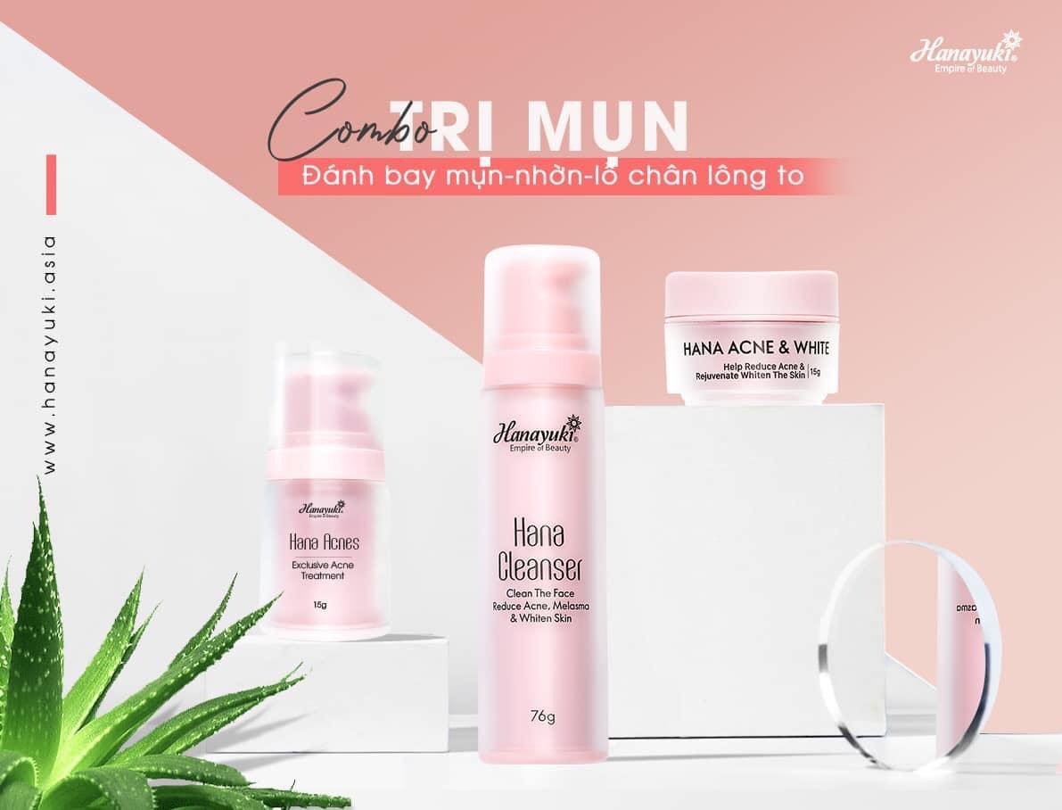 Combo đánh bay mụn tàn nhan hanayuiki - sữa rửa mặt không bọt mini hanayuki 76g - hana cleanser mini + kem trị mụn trắng da mini hanayuki 15g- hana acne & white mini + serum trị mụn mini hanayuki 15g-hana acnes mini