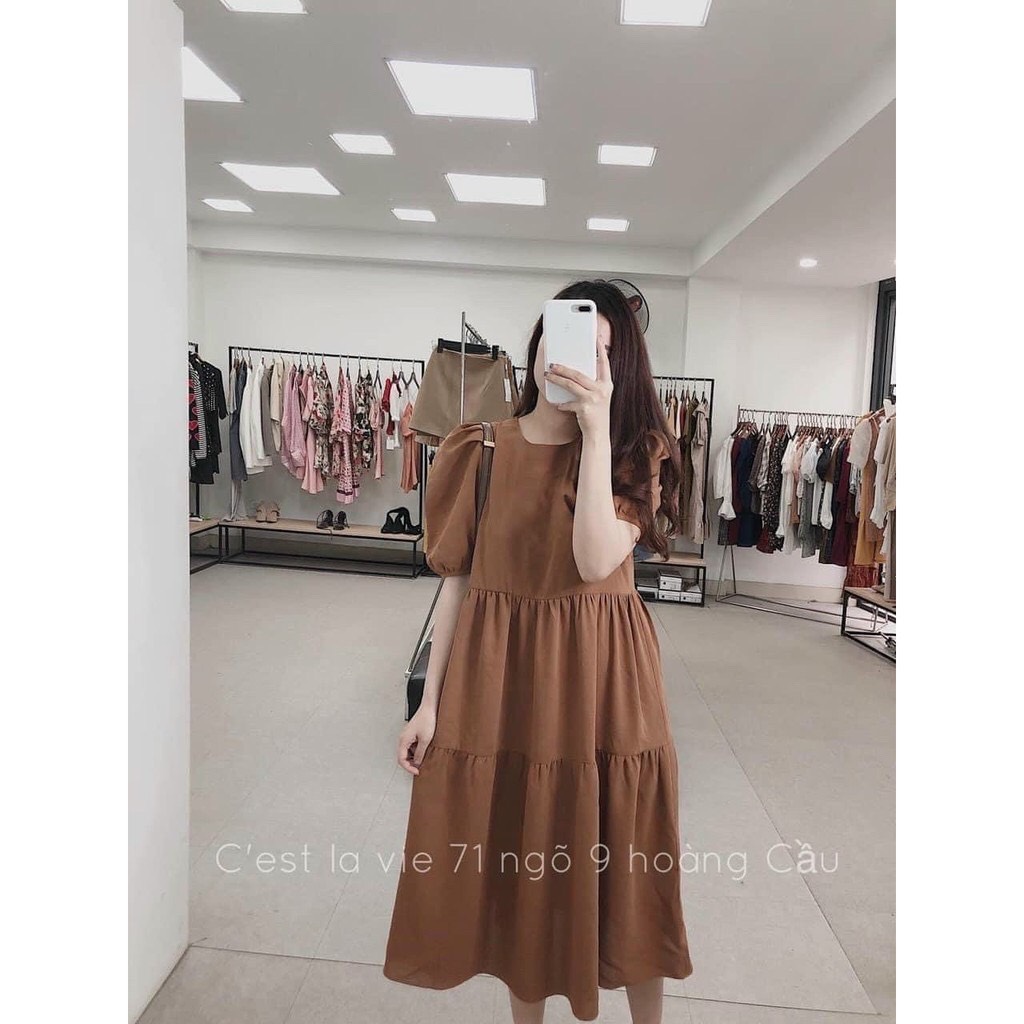 Đầm bầu thời trang thiết kế babydol tay bồng V14 váy bầu đẹp màu nâu chất liệu trượt lạnh mềm mát có khóa sau phù hợp mặc công sở dáng dài qua gối full size S/M/L