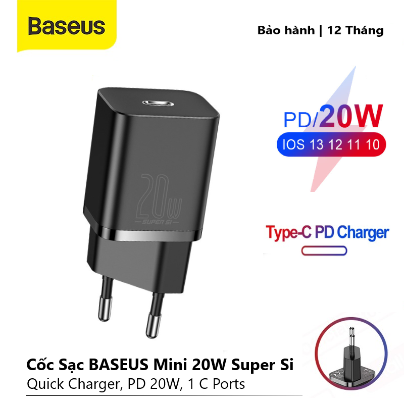 Cốc Sạc BASEUS Mini 20W Super Si Sạc Nhanh dùng cho iPhone 12 iPad Xiaomi OPPO Vivo Vinsmart Huawei, Đầu ra Type-C