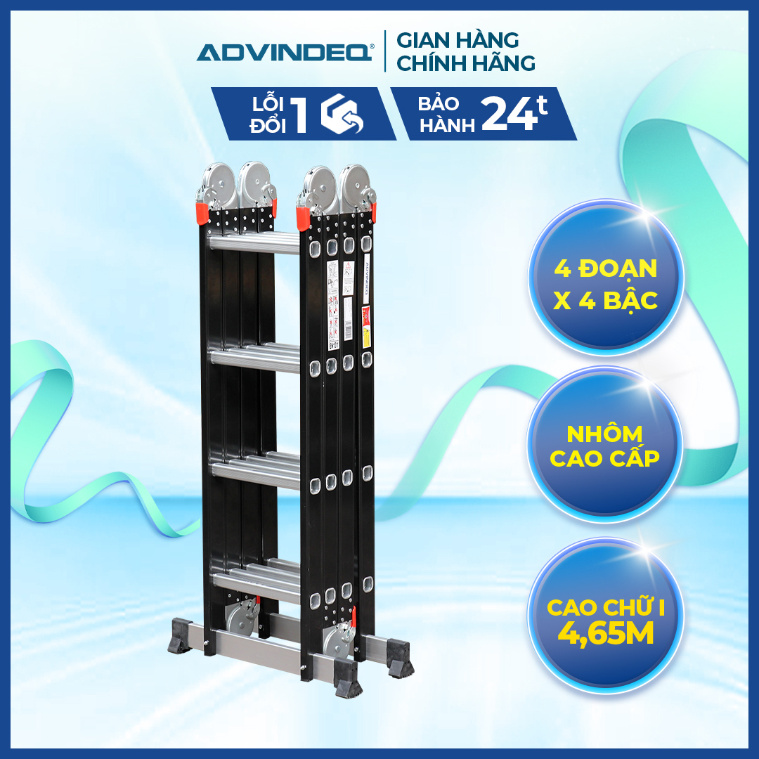 Thang nhôm gấp đa năng 4 đoạn Advindeq ADM104 thang gấp với nhiều tư thế khác nhau như A, L, U, M, I... -Bảo hành điện tử 2 năm