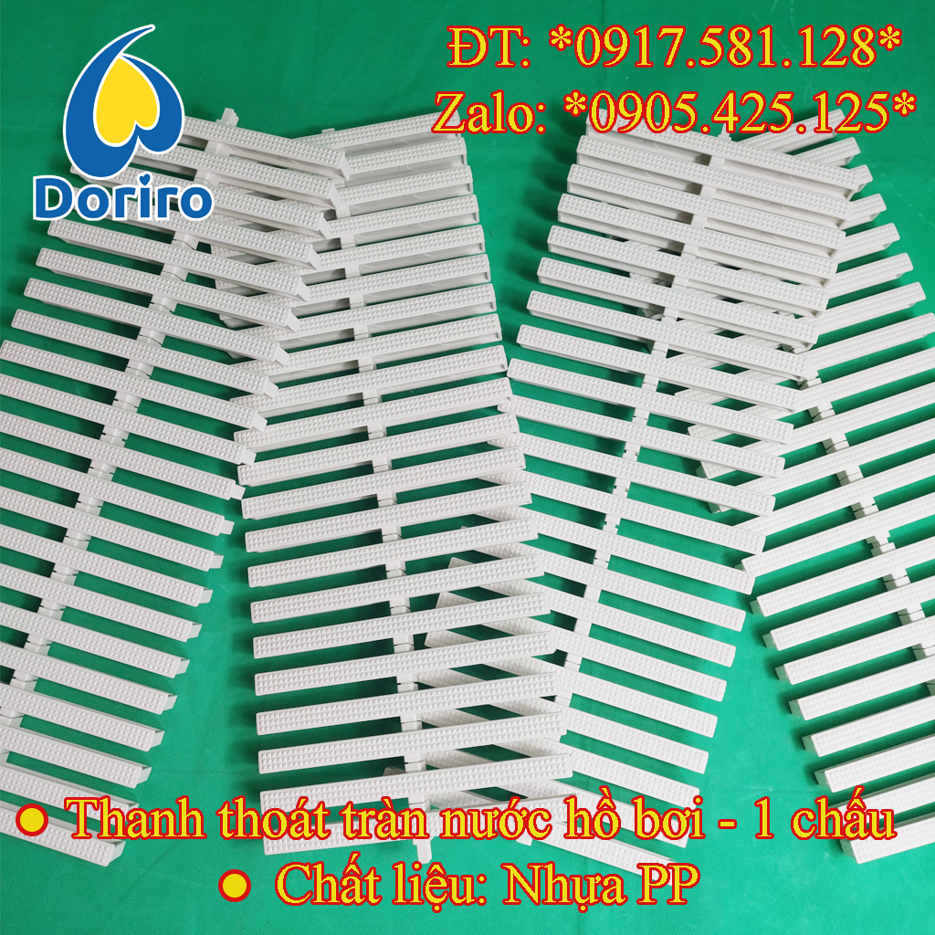 10 mét Thanh thoát nước tràn hồ bơi – chiều rộng 18cm và 20cm; chiều dày 2,3cm; loại 1 chấu, nhựa PP / 10 mét Nan thu nước tràn hồ bơi.