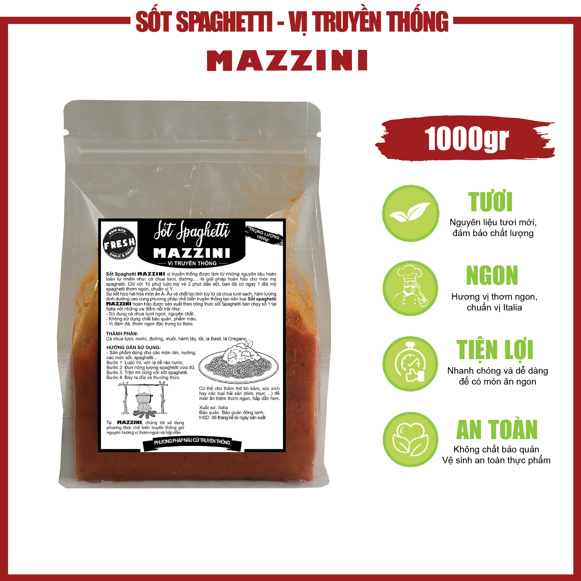 Sốt mì Ý Spaghetti - Xốt MAZZINI spaghetti, pizza, bit tet, tomatoe sauce ca chua Italia vị oregano - 1000gr - 1kg