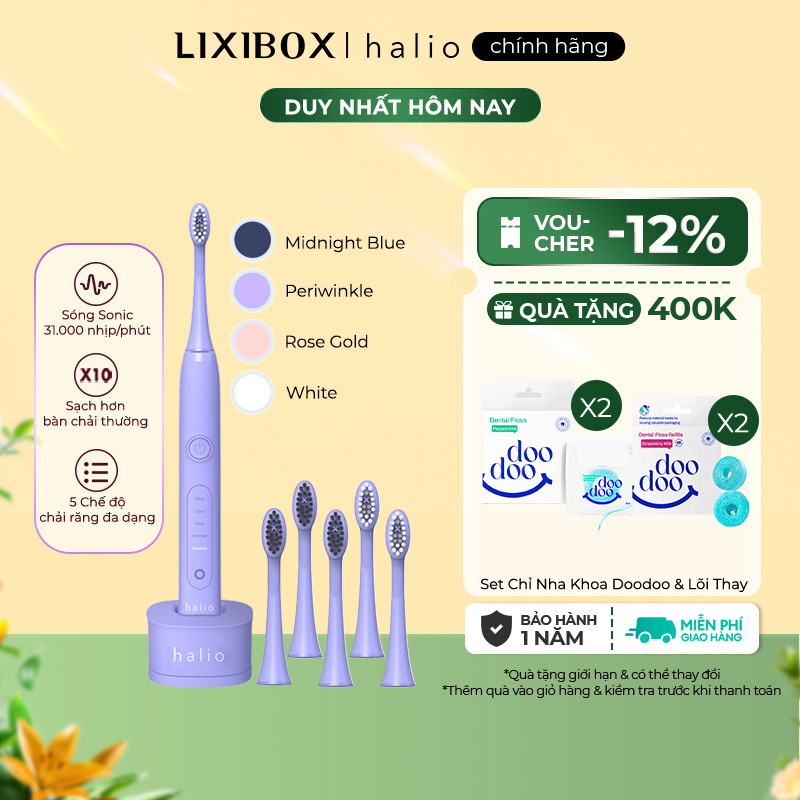 Combo Bàn Chải Đánh Răng Halio Sonic Whitening Toothbrush Periwinkle Và 4 Đầu Bàn Chải Thay Thế
