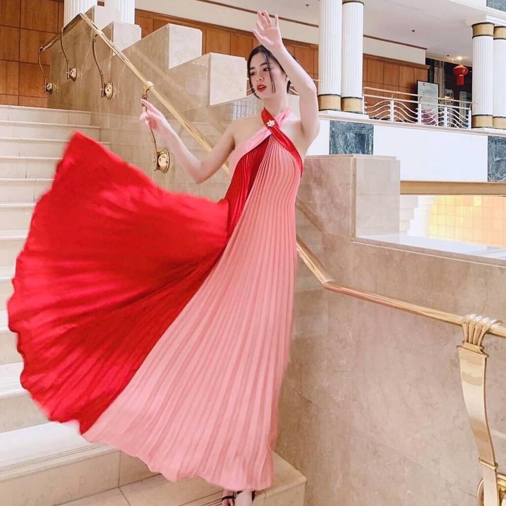 Đầm maxi đi biển váy dáng dài maxi dập ly phối màu - maxi hq