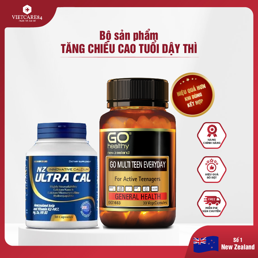 Bộ sản phẩm tăng chiều cao tuổi dậy thì: Viên uống Canxi hữu cơ nano NZ ULTRA CAL (30V), Viên đa vitamin cho tuổi teen GO MULTI TEEN EVERYDAY (30V)