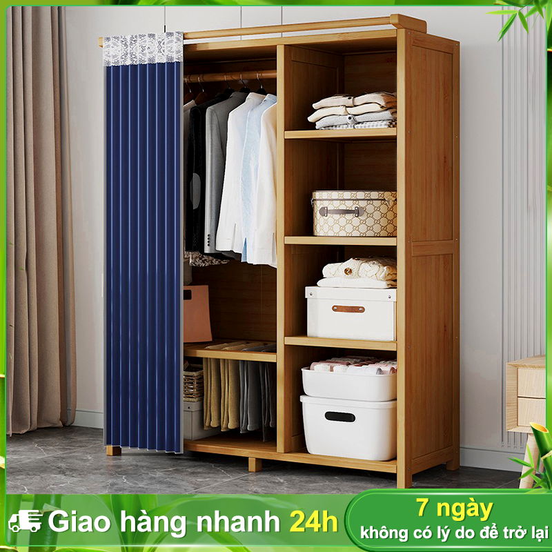 BOHO Tủ quần áo cao cấp Giá treo quần áo bằng gỗ tre thiết kế sang trọng - Tủ đa năng nhiều ngăn lưu trữ