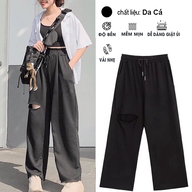 Quần ống rộng da cá lưng thun, Quần thun ống rộng rách gối hack dáng cực hot- cheap cheap shop
