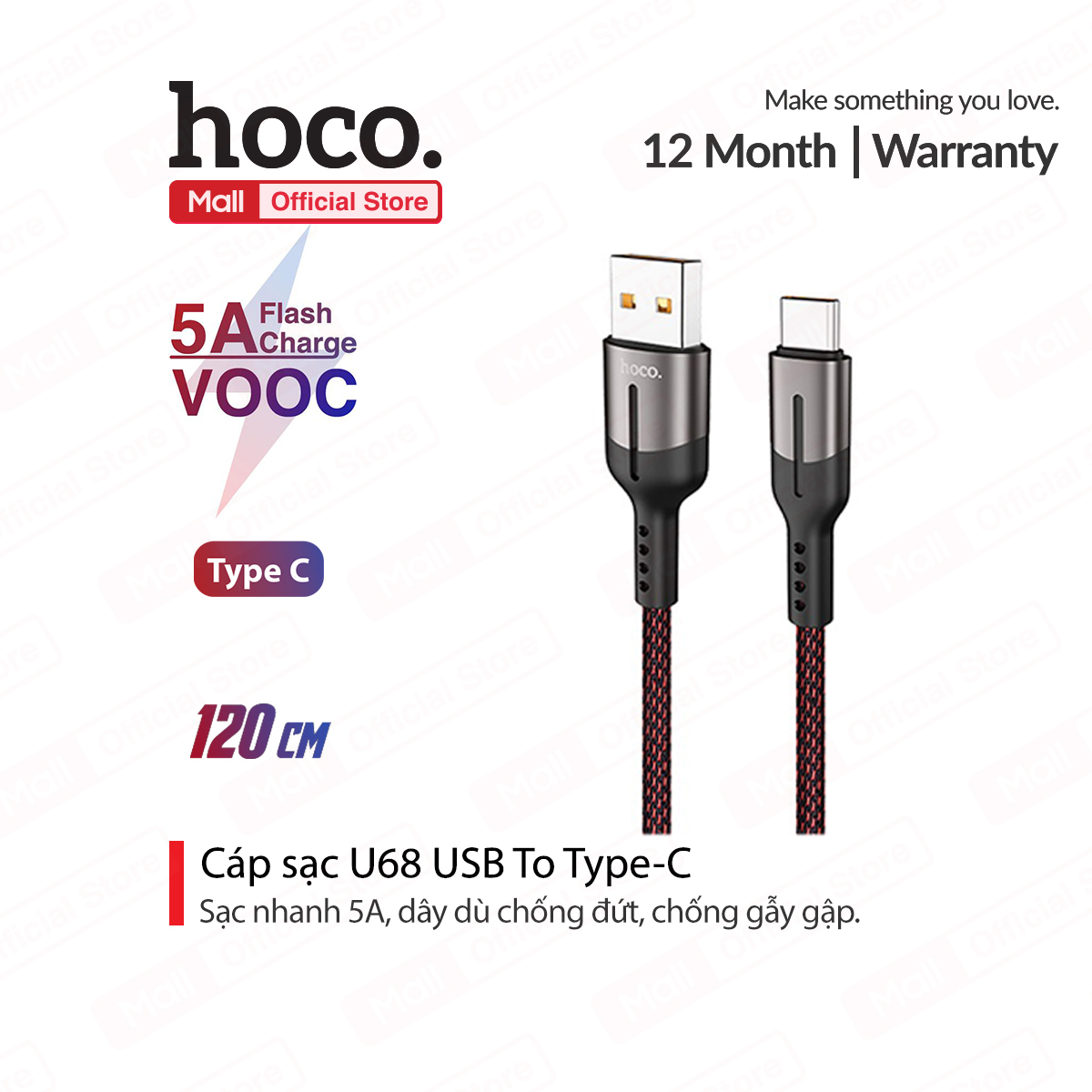 Cáp sạc hoco u68 type-c sạc nhanh 5a pd 18w q.c 3.0 dây dù chống đứt dài 120cm