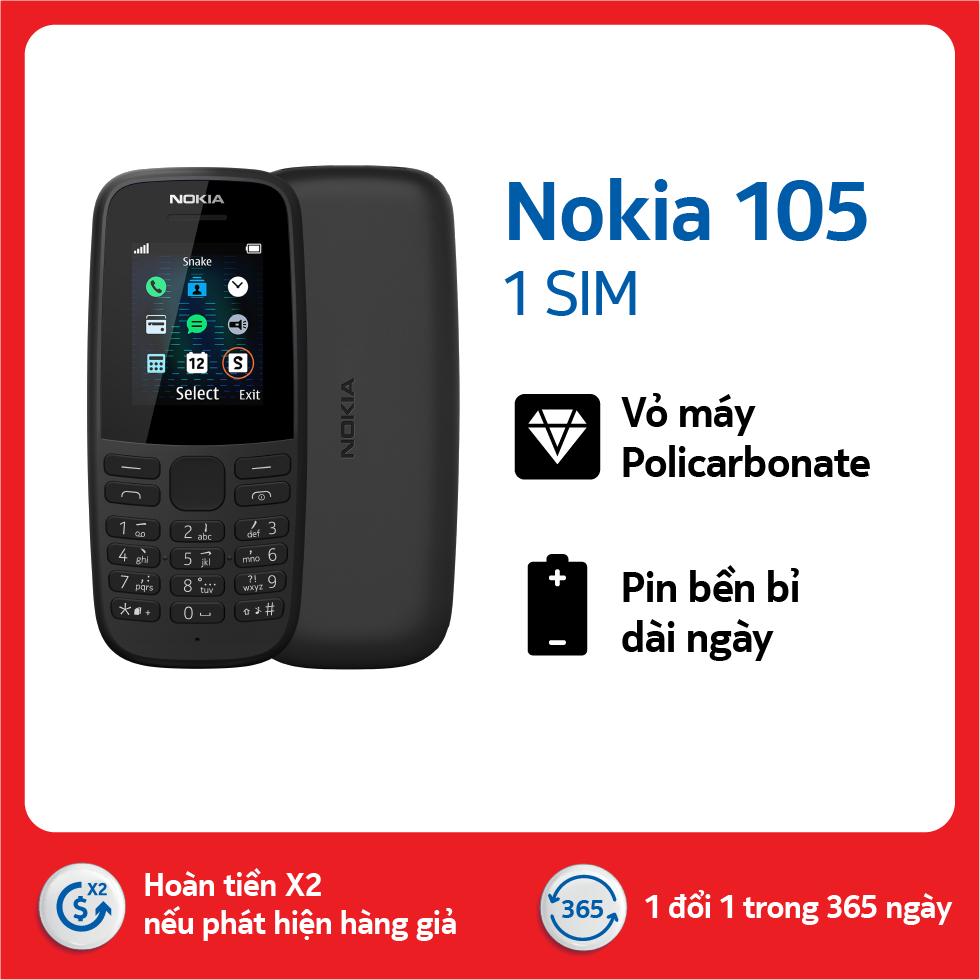 Điện thoại Nokia 105 (2019) 1 Sim, màn hình 1.77 inches, Pin tháo rời, Jack tai nghe 3.5 mm Bảo hành chính hãng 12 tháng