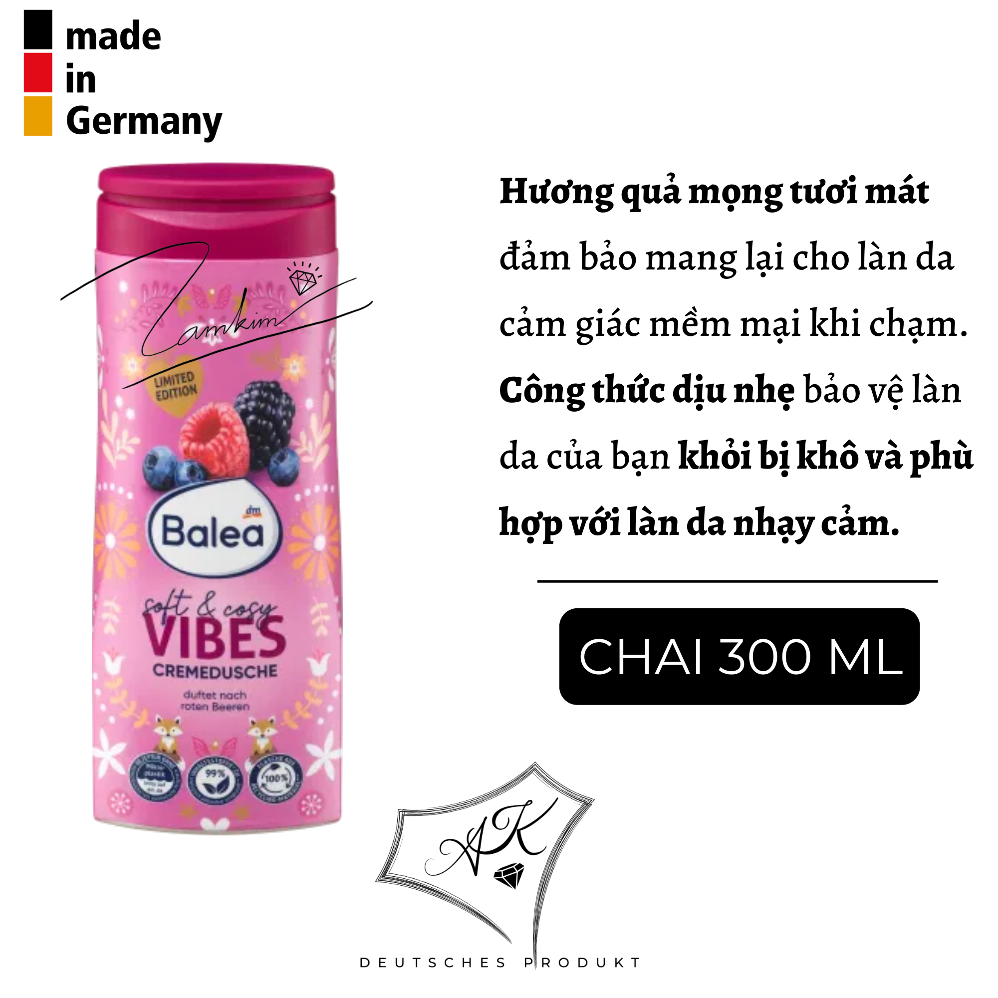 Sữa tắm Balea hàng nội địa Đức - mềm mịn cấp ẩm - 300ml