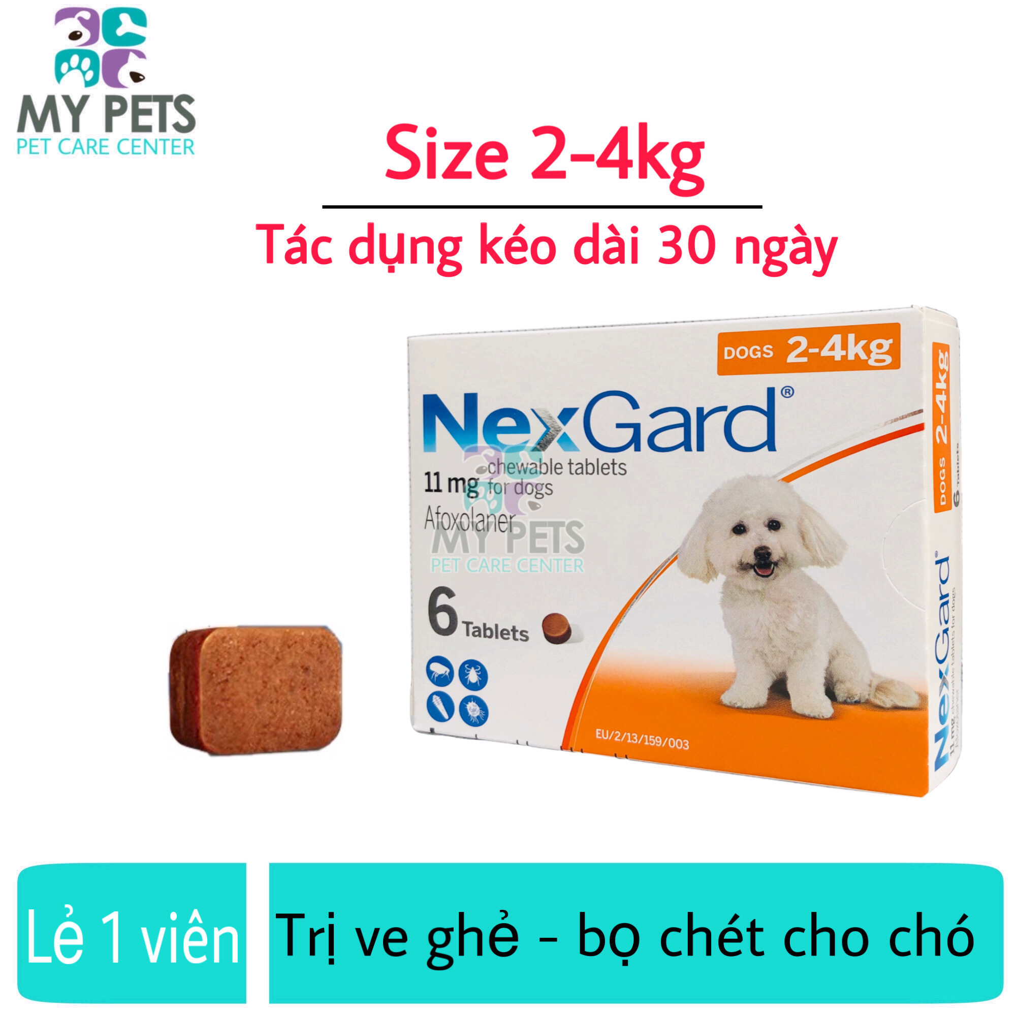 (Lẻ 1 viên - Không hộp) NEXGARD viên nhai ve ghẻ bọ chét cho chó (size 2-4kg. no box)