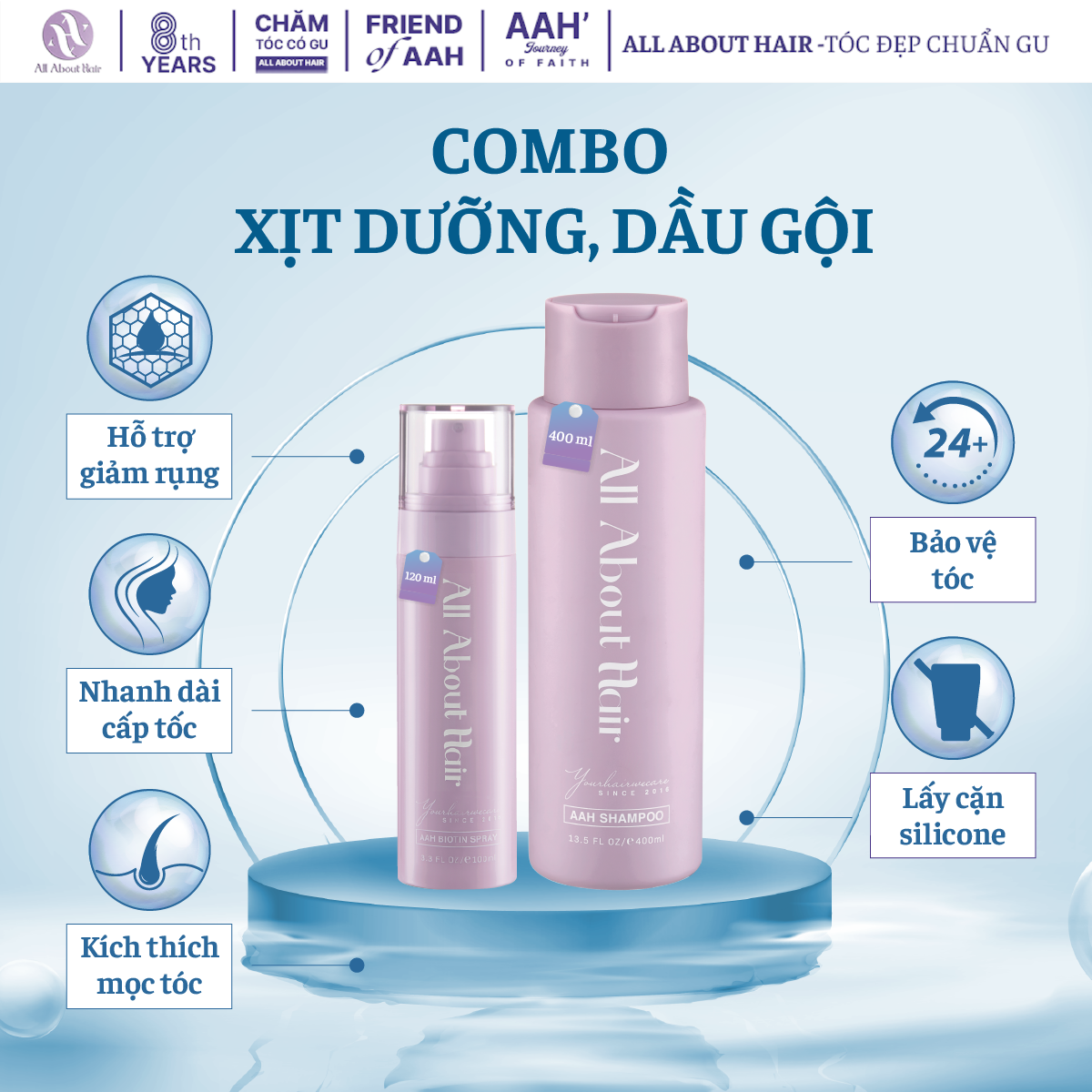Combo 2sp xịt dưỡng & dầu gội aah all about hair - spray & shampoo