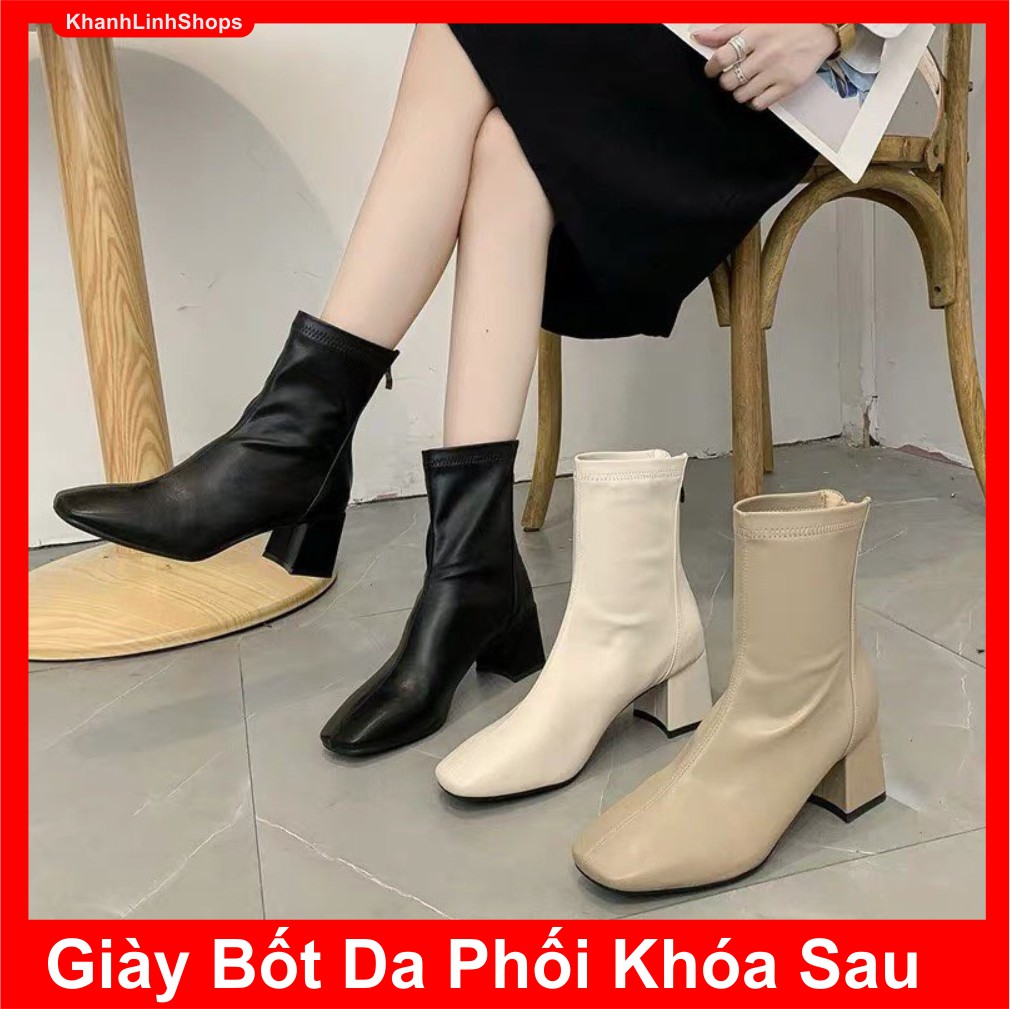 Sỉ Giày bốt nữ công sở chất da đẹp - giày nữ giày boot nữ boots giày cao gót đế vuông nữ màu đen màu kem phong cách hàn quốc giá rẻ dễ phối đồ