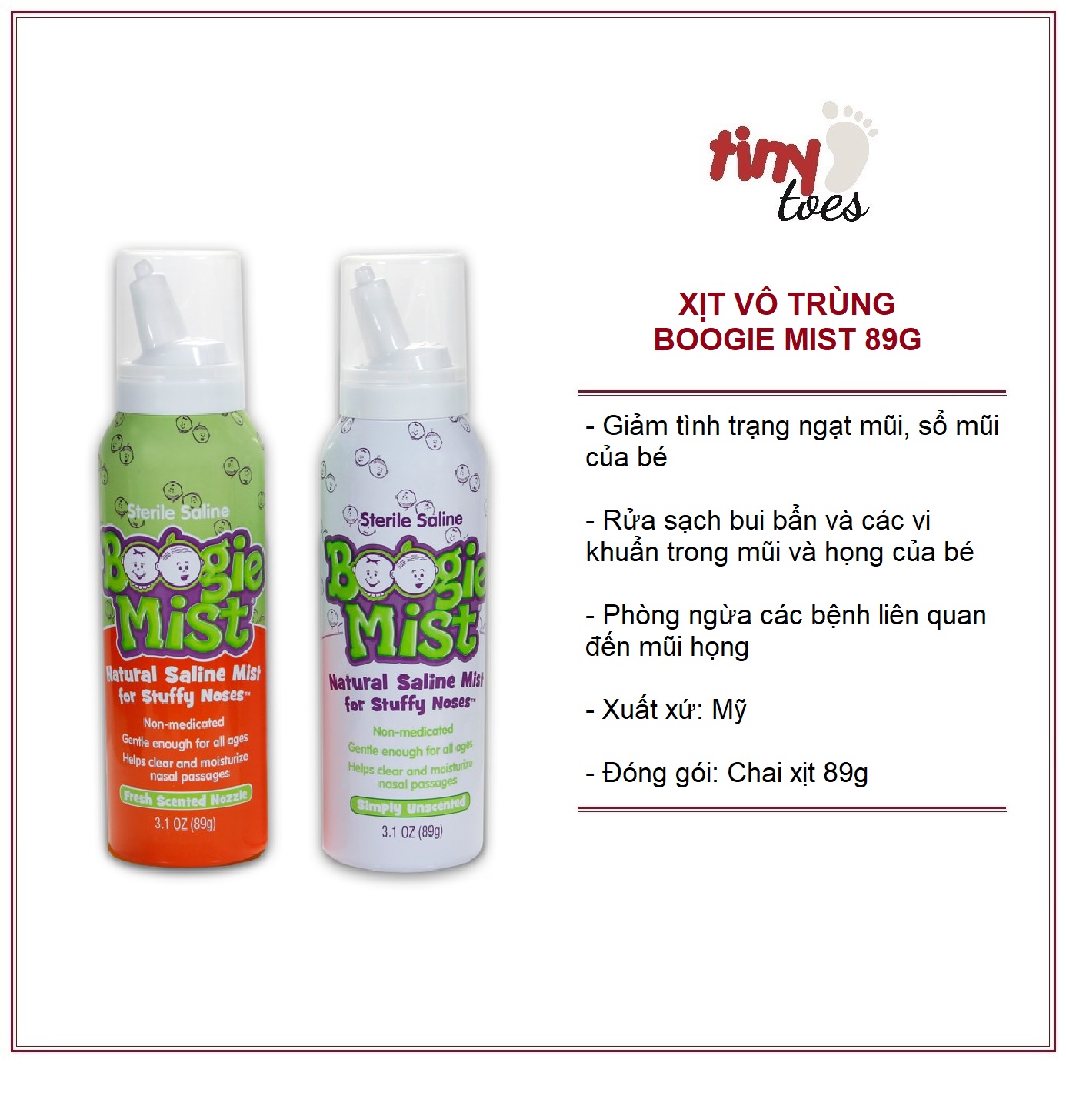 Xịt vô trùng Boogie Mist, làm giảm các tình trạng ngạt mũi, sổ mũi và rất an toàn cho bé, 89g, Mỹ