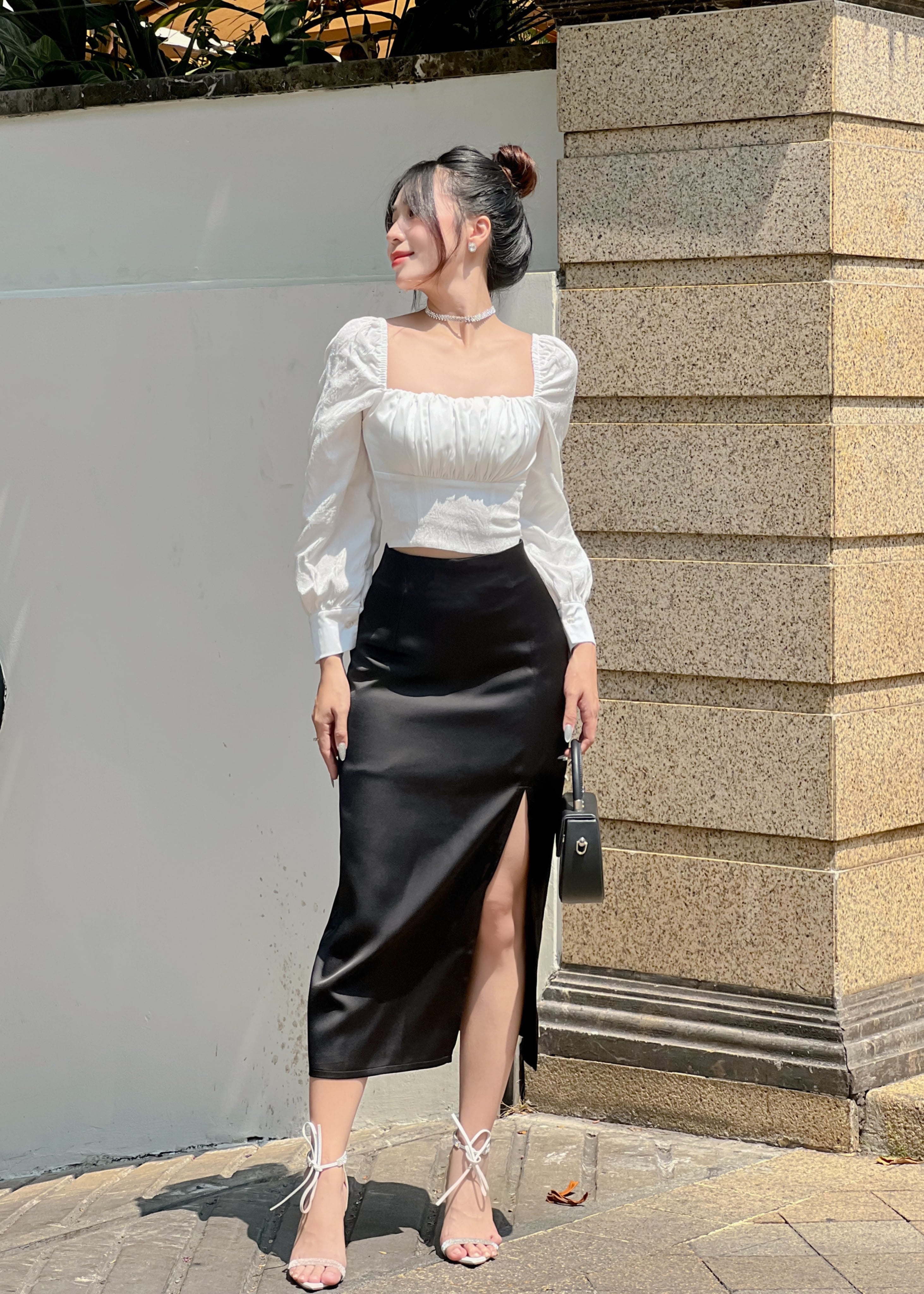 Kooky house - váy gina skirt đen - chân váy midi xẻ tà thiết kế form cực xinh