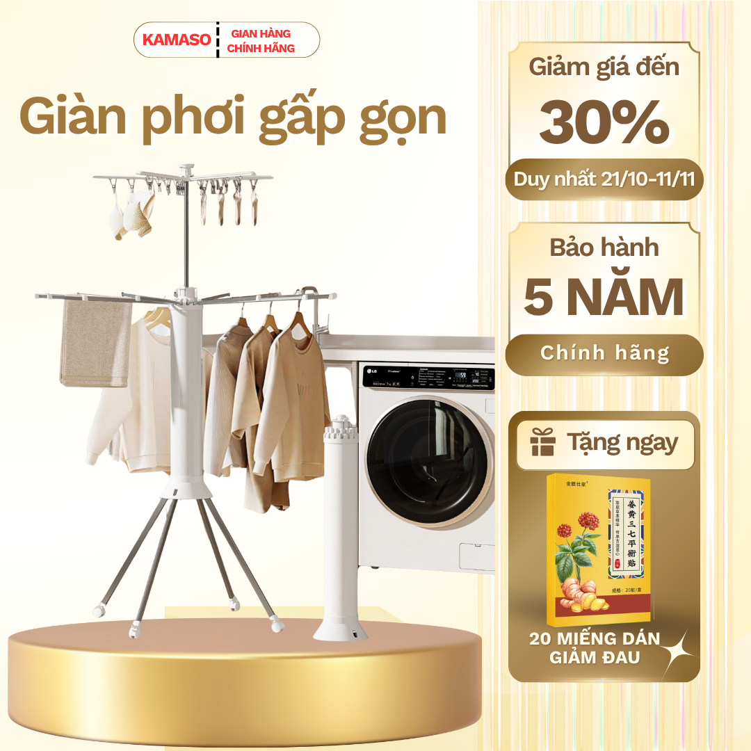  Giàn phơi quần áo gấp gọn thông minh Kamaso thép cacbon 2 tầng treo đồ cho trẻ em bé sơ sinh xoay 360 độ 