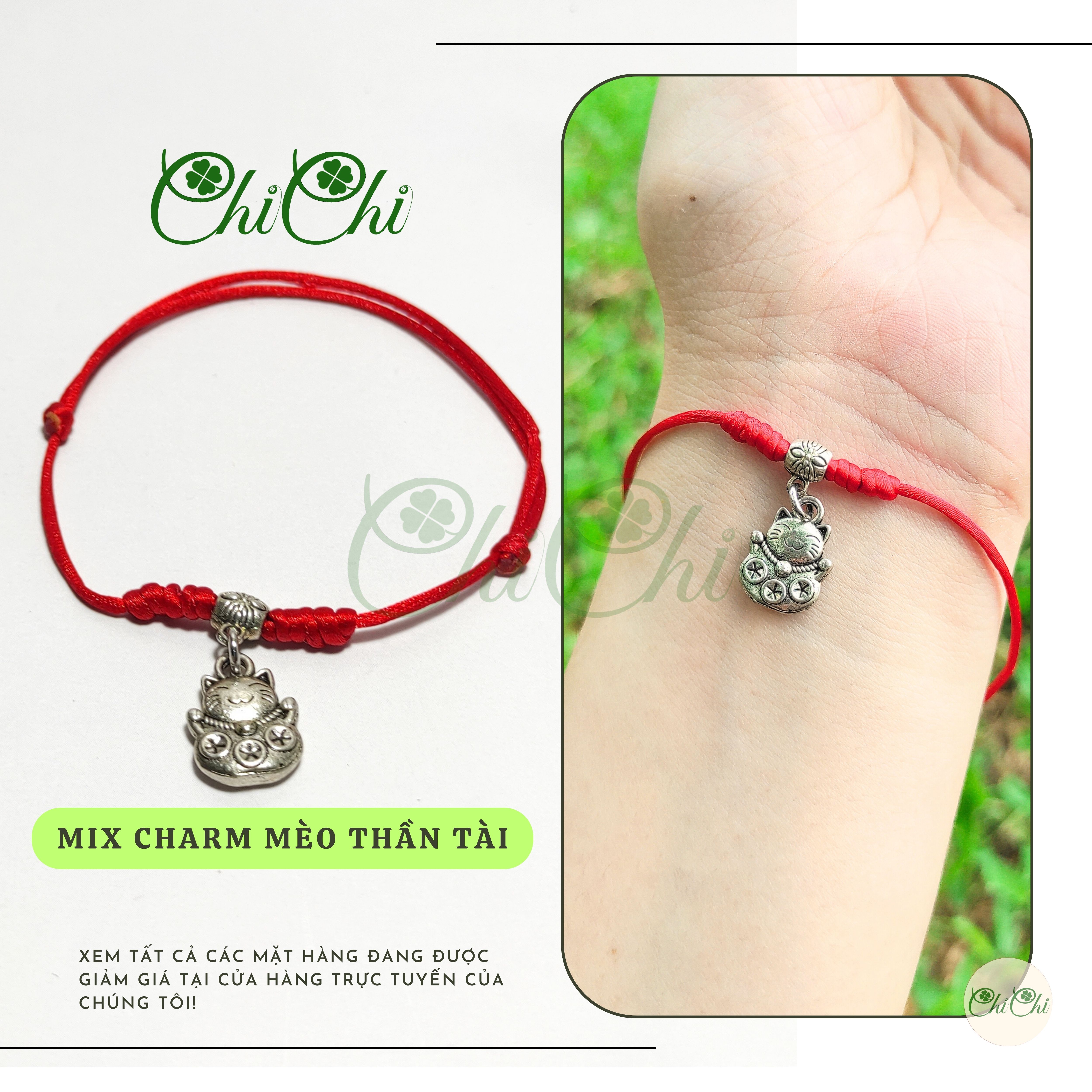 Vòng tay, lắc tay chỉ đỏ may mắn mix charm mèo - ms061