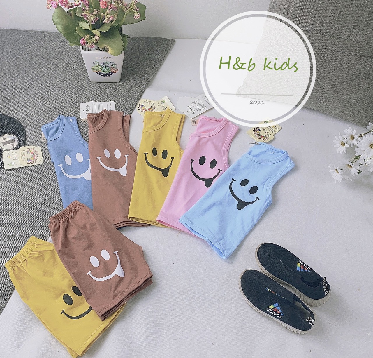 [HCM]bộ in hình mặt cười chất cotton mềm mại dễ thương cho bé trai và gái ngày hè