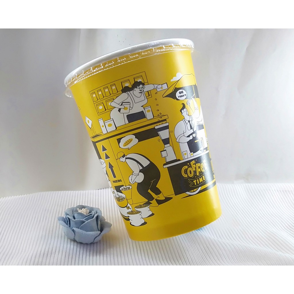 Ly giấy 360ml - 14oz mẫu coffe in time, set 100 cái kèm nắp