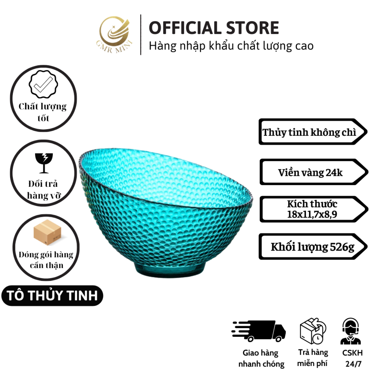 Tô thủy tinh viền vàng cao cấp, bát thủy tinh đựng trái cây, decor bàn ăn GMR MINI SHOP