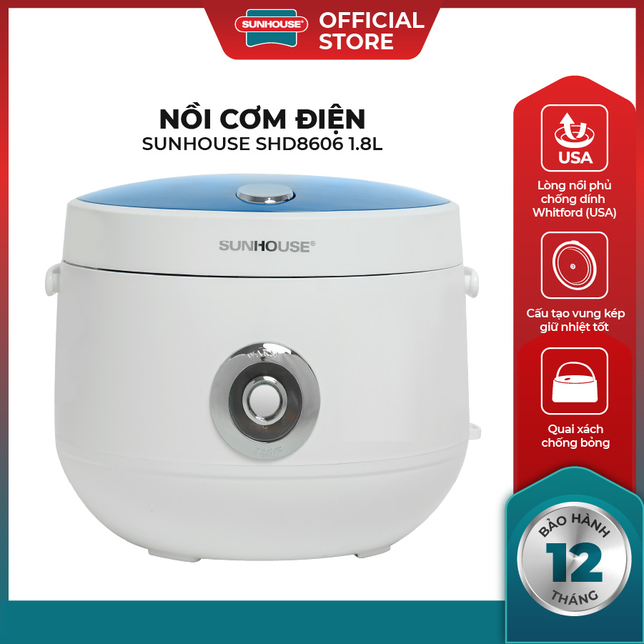 Nồi cơm điện SUNHOUSE SHD8606 - Dung tích 1.8L - Công suất 700W - Phủ chống dính Whitford (USA) - Thích hợp từ 4 - 6 người - Sản xuất tại Việt Nam - Bảo hành 12 tháng