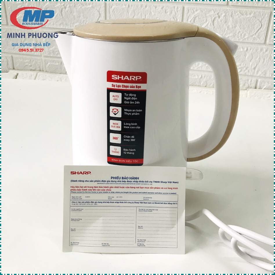 Ấm siêu tốc cao cấp 2 lớp chống nóng Sharp KS 19TS 2 lít Thái Lan INOX 304 Bảo Hành 12 Tháng