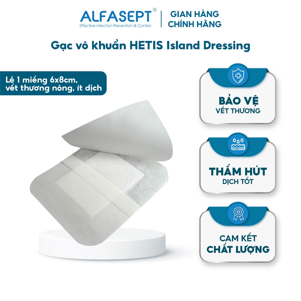 Miếng dán vết thương băng dính có gạc vô khuẩn HETIS Island Dressing 6x8cm - Băng dán vết thương, gạc dán bảo vệ vết thương hở, băng urgo, gạc dán thấm hút dịch vết thương
