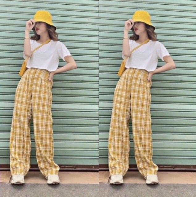 Set áo croptop và quần kẻ ống rộng cá tính